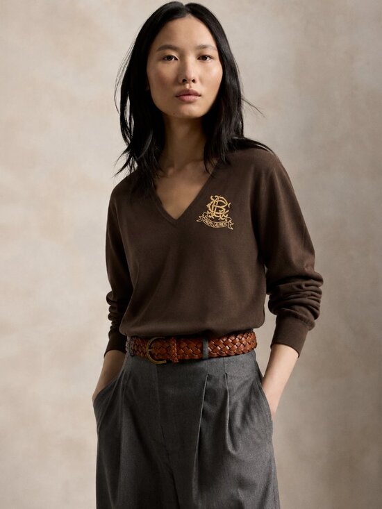 Ralph Lauren Tops - Ralph Lauren Sport Chocolate Brown V-Neck Sweater Gold Crest Medium
